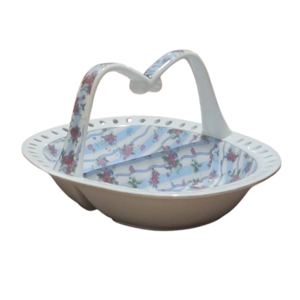 CANDY/NUT DISH ROSES 2 COMPARTMENTS SHAPELY HANDLE BY JAY & SONS Vintage